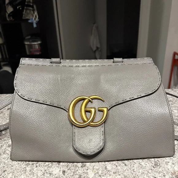 Pre Owned Gucci Cellarius Calfskin GG Marmont Top Handle Bag Grey - Picture 3 of 6